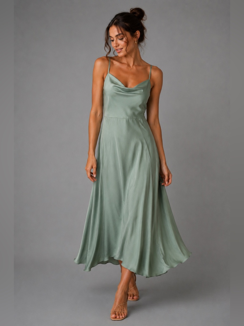 Azazie Satin Bridesmaid Dress Sage Green Cowl Neck Spaghetti Strap Formal A2